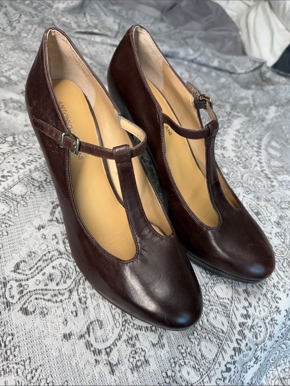 Brown Antonio Melani Leather T‑Strap Heels - Size 9.5